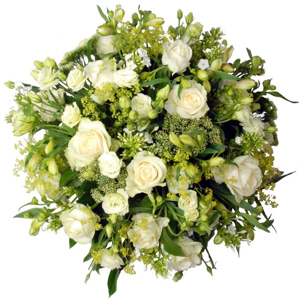 Rouwstuk rond wit met o.a witte rozen