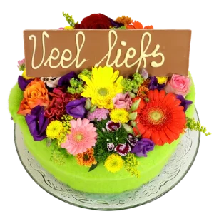 Bloementaart met Veel liefs reep