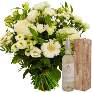 Springerig wit boeket + fles witte wijn