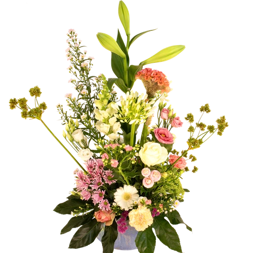 Pluk bloemstuk roze wit H 60cm x B 30cm