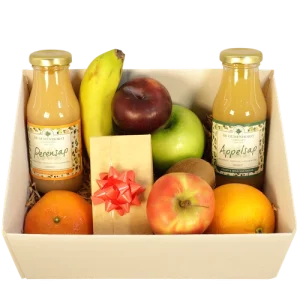 Fruitbox + Sappen + bloemetjes chocolade