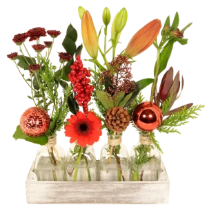 4 x vaasje in houder Kerstsfeer met verse bloemen