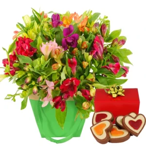Alstroemeria in gift tas + hartjes chocolade