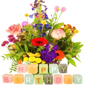 Plukboeket bont + happy birthday kaarsen