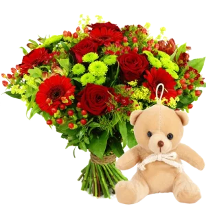 Boeket rood - groen + knuffelbeertje