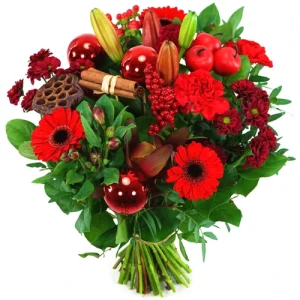 Kerstboeket rood en kerstdeco