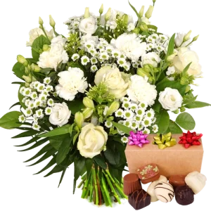 Boeket witte bloemen + 300 gram bonbons