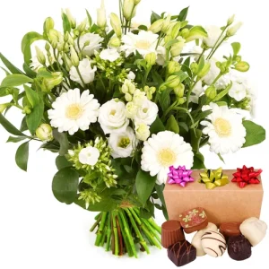 Boeket witte bloemen + 300 gram bonbons