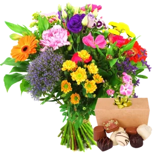 Boeket bonte bloemen + 150 gram bonbons