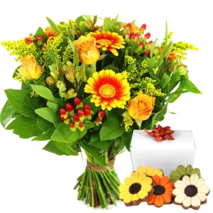 Boeket oranje geel + bloemetjes chocolade