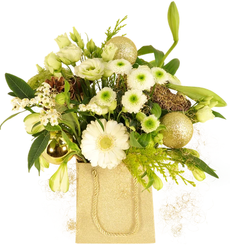 Goud tasje gevuld met kerstbloemen