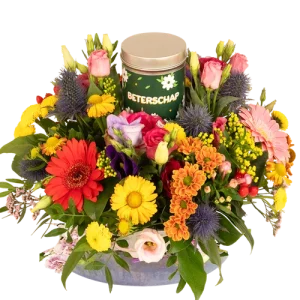 Biedermeier bont + blikje beterschap snoep