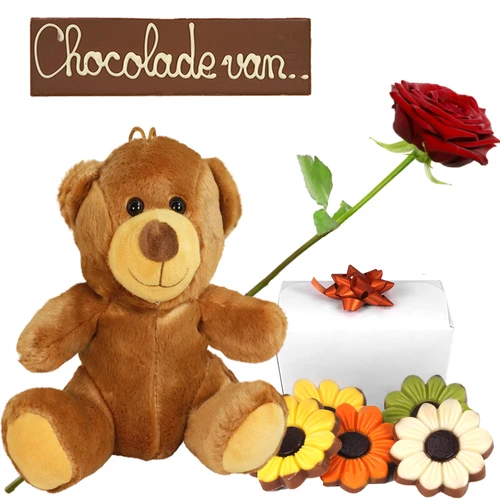 Chocolade van ... reep + knuffel en bloemetjes chocolade