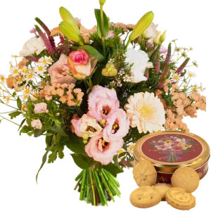 Boeket pastel zalm roze + koektrommel