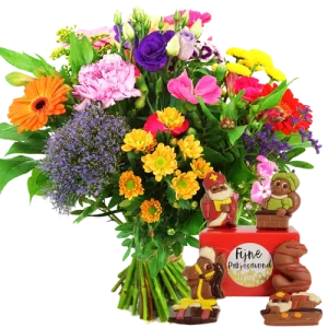 Boeket bonte bloemen + sinterklaas chocolade