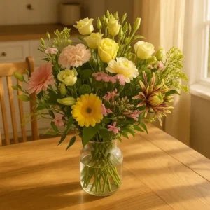 Springerig boeket roze geel wit